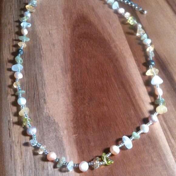 Freshwater Pearl and Multi Gemstone Stainless Steel Necklace - Picture 2 of 9